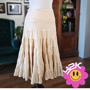 Moa Moa Midi Skirt Vintage Y2K Tiered Cream Cotton Boho Full Flowy Cotton  L